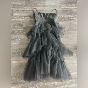 Revolve black mesh prom dress.